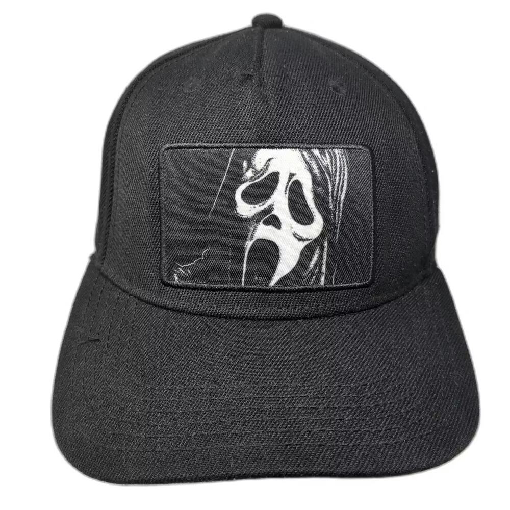 Ghost Face 5 Panel Cap Black White OS Snapback Hat Scream Mask Patch Halloween